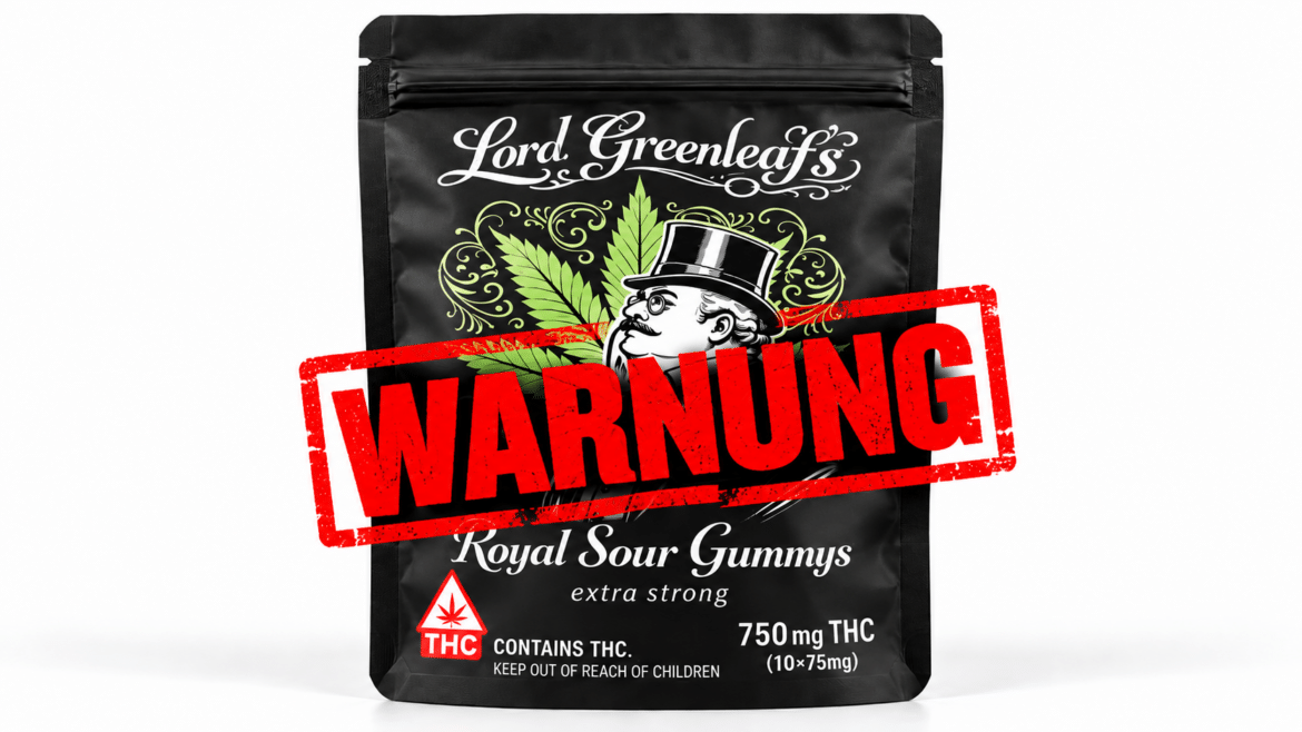 Warnung vor vermeintlichen THC-Gummis in Berlin: Verpackung von Lord Greenleaf’s Royal Sour Gummys mit Angabe von 750 mg THC